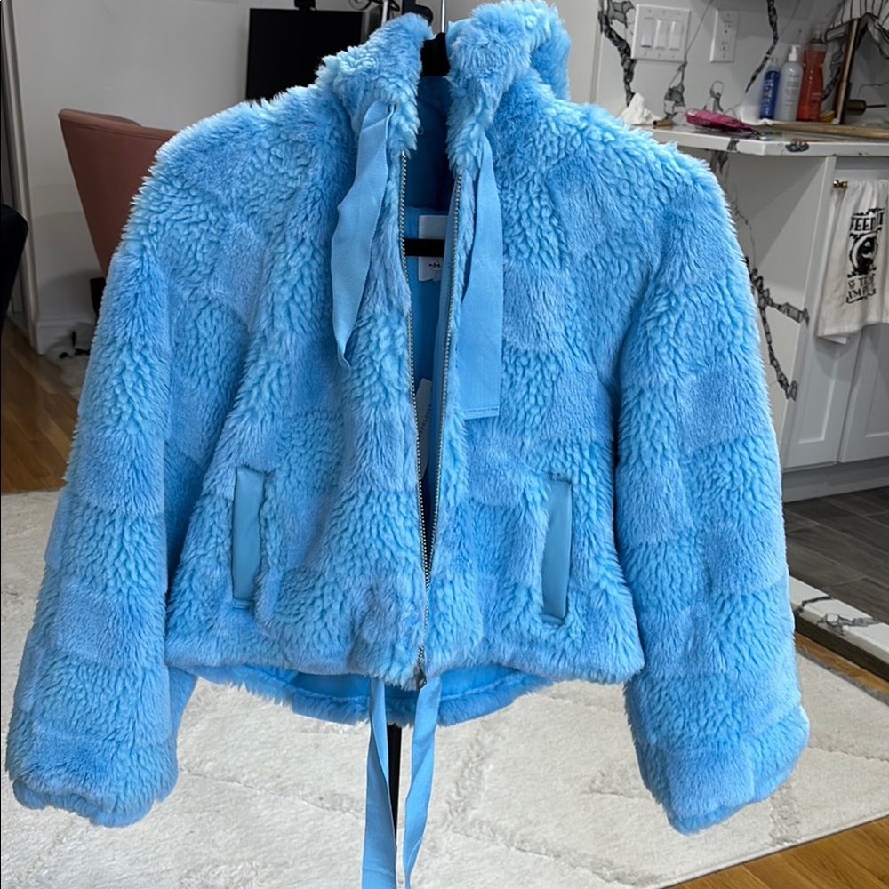 Anthropologie Sky Blue Faux Fur Coat